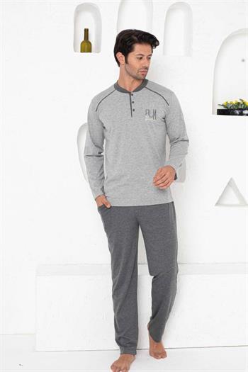Erkek Pijama Takımı - Gri Arma Nakışlı Uzun Kollu Penye 1187UY