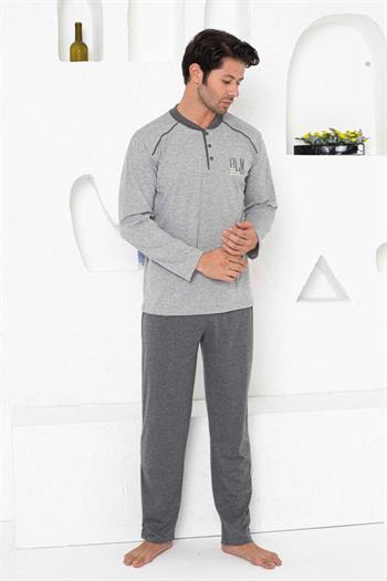Erkek Pijama Takımı - Gri Arma Nakışlı Uzun Kollu Penye 1187UY