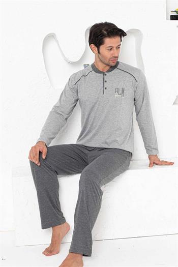 Erkek Pijama Takımı - Gri Arma Nakışlı Uzun Kollu Penye 1187UY