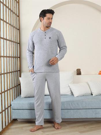 Erkek Pijama Takımı - Gri Çizgili Kışlık İnterlok 1221UK