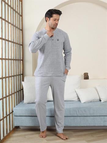 Erkek Pijama Takımı - Gri Çizgili Kışlık İnterlok 1221UK