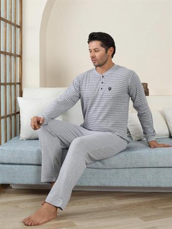 Erkek Pijama Takımı - Gri Çizgili Kışlık İnterlok 1221UK