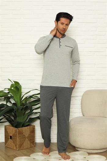 Erkek Pijama Takımı - Gri Uzun Kollu Cepli penye 1215UY