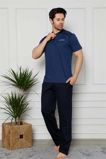 Erkek Pijama Takımı - İndigo Arma Nakışlı Likralı Kısa Kollu Penye 1129KY