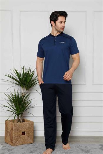 Erkek Pijama Takımı - İndigo Arma Nakışlı Likralı Kısa Kollu Penye 1129KY