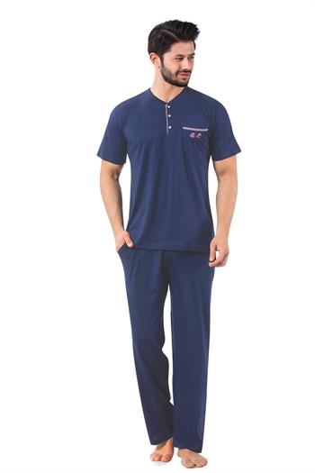 Erkek Pijama Takımı - İndigo Arma Nakışlı Likralı Kısa Kollu Penye 1194KY