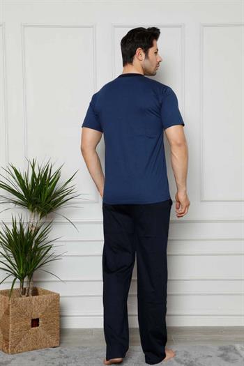 Erkek Pijama Takımı - İndigo Arma Nakışlı Likralı Kısa Kollu Penye 1129KY