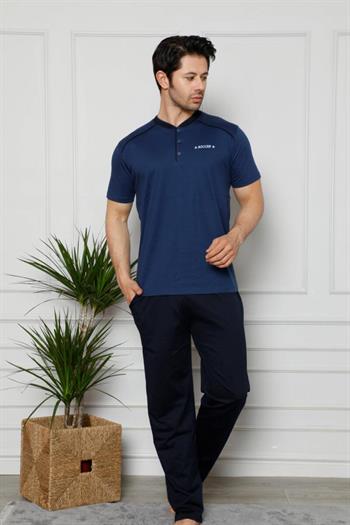 Erkek Pijama Takımı - İndigo Arma Nakışlı Likralı Kısa Kollu Penye 1129KY