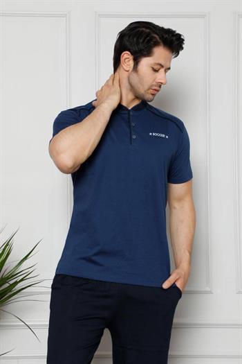 Erkek Pijama Takımı - İndigo Arma Nakışlı Likralı Kısa Kollu Penye 1129KY