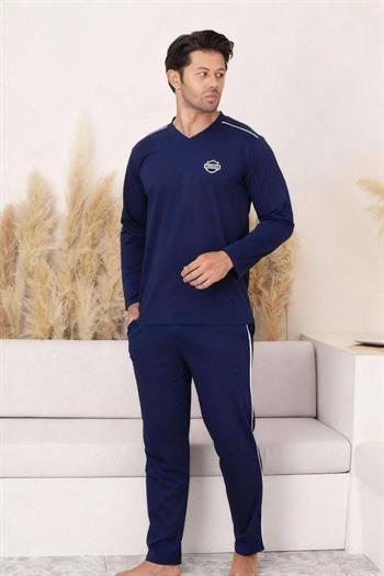 Erkek Pijama Takımı - Lacivert Arma Nakışlı V Yaka Uzun Kollu Penye 1216UK