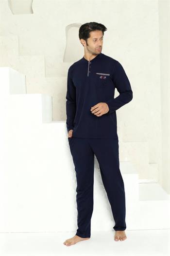 Erkek Pijama Takımı - Lacivert Arma Nakışlı Likralı Uzun Kollu Penye 1194UY