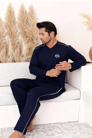 Erkek Pijama Takımı - Lacivert Arma Nakışlı V Yaka Uzun Kollu Penye 1216UK