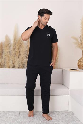 Erkek Pijama Takımı - Siyah Arma Nakışlı V Yaka Kısa Kollu Penye 1216KY