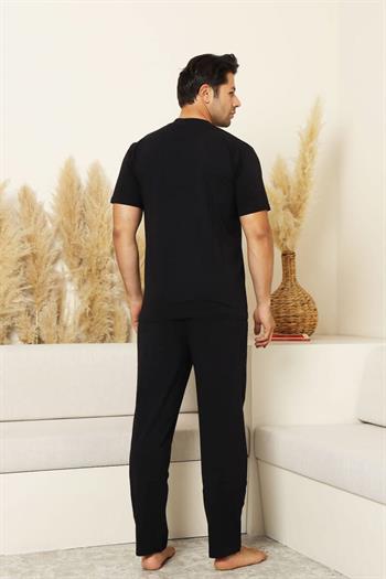 Erkek Pijama Takımı - Siyah Arma Nakışlı Likralı Kısa Kollu Penye 1194KY