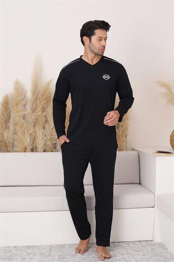 Erkek Pijama Takımı - Siyah Arma Nakışlı V Yaka Uzun Kollu Penye 1216UK