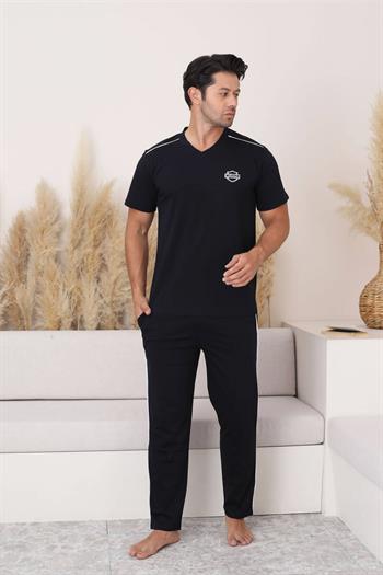 Erkek Pijama Takımı - Siyah Arma Nakışlı V Yaka Kısa Kollu Penye 1216KY