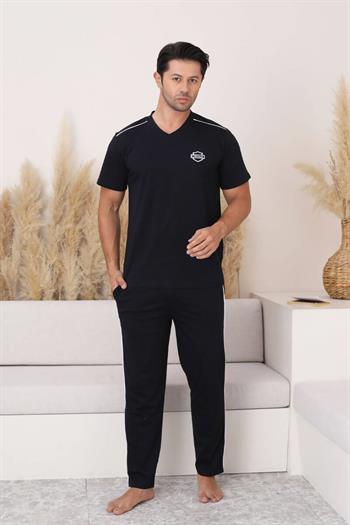 Erkek Pijama Takımı - Siyah Arma Nakışlı V Yaka Kısa Kollu Penye 1216KY