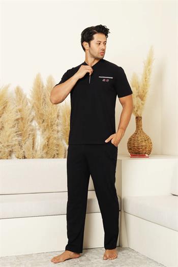 Erkek Pijama Takımı - Siyah Arma Nakışlı Likralı Kısa Kollu Penye 1194KY