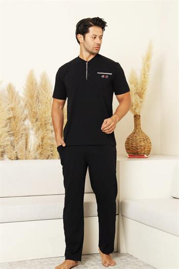 Erkek Pijama Takımı - Siyah Arma Nakışlı Likralı Kısa Kollu Penye 1194KY