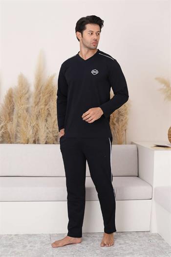 Erkek Pijama Takımı - Siyah Arma Nakışlı V Yaka Uzun Kollu Penye 1216UK