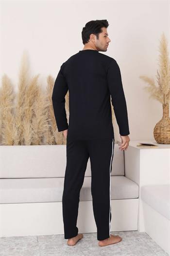 Erkek Pijama Takımı - Siyah Arma Nakışlı V Yaka Uzun Kollu Penye 1216UK