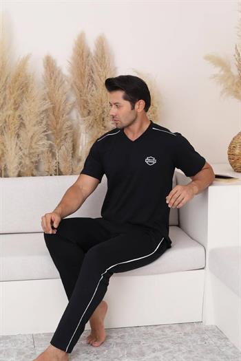 Erkek Pijama Takımı - Siyah Arma Nakışlı V Yaka Kısa Kollu Penye 1216KY