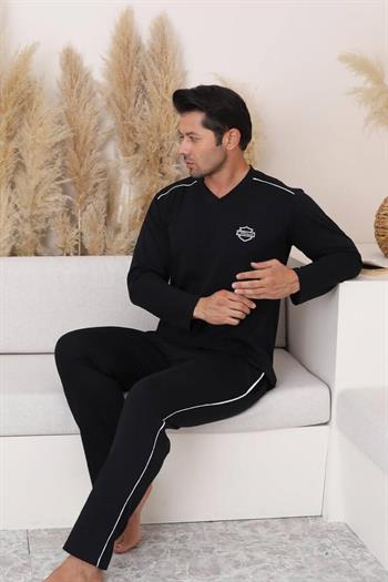 Erkek Pijama Takımı - Siyah Arma Nakışlı V Yaka Uzun Kollu Penye 1216UK