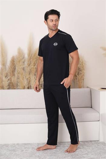 Erkek Pijama Takımı - Siyah Arma Nakışlı V Yaka Kısa Kollu Penye 1216KY