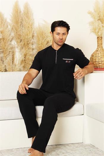 Erkek Pijama Takımı - Siyah Arma Nakışlı Likralı Kısa Kollu Penye 1194KY
