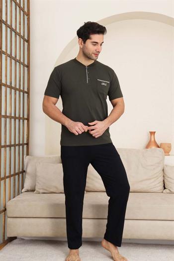 Erkek Pijama Takımı - Haki Arma Nakışlı Likralı Kısa Kollu Penye 1194KY