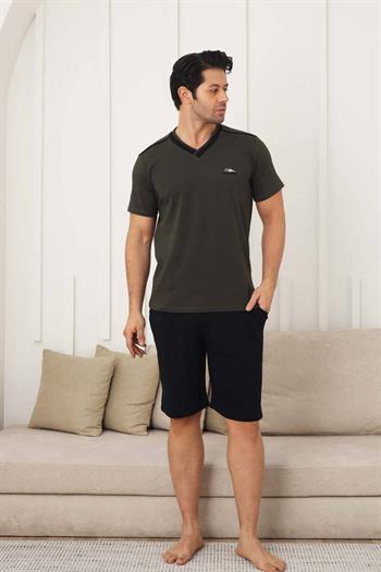 Erkek Pijama Takımı - Yeşil Arma Nakışlı Likralı V Yaka Şort Takım 1212ŞT