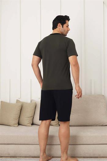 Erkek Pijama Takımı - Yeşil Arma Nakışlı Likralı V Yaka Şort Takım 1212ŞT