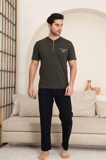 Erkek Pijama Takımı - Haki Arma Nakışlı Likralı Kısa Kollu Penye 1194KY