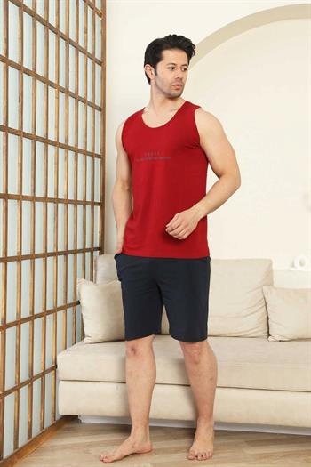 Erkek Şort Takımı - Bordo Focus Baskılı Askılı Penye Takım 1070ŞT