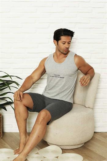 Erkek Şort Takımı - Gri Focus Baskılı Askılı Penye Takım 1070ŞT