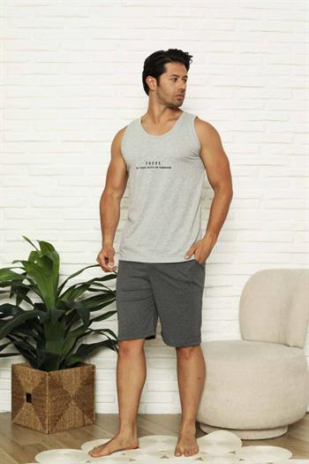 Erkek Şort Takımı - Gri Focus Baskılı Askılı Penye Takım 1070ŞT