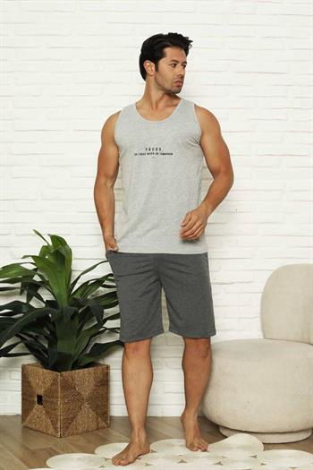 Erkek Şort Takımı - Gri Focus Baskılı Askılı Penye Takım 1070ŞT