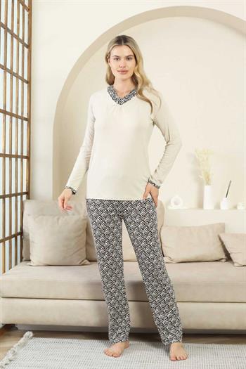Etnik Desenli Kadın Pijama Takımı - Bej V Yaka Uzun Kollu Bambu Likralı 2866UY