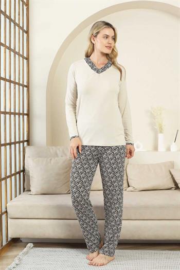 Etnik Desenli Kadın Pijama Takımı - Bej V Yaka Uzun Kollu Bambu Likralı 2866UY