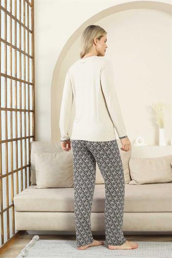 Etnik Desenli Kadın Pijama Takımı - Bej V Yaka Uzun Kollu Bambu Likralı 2866UY