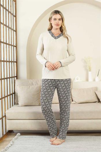 Etnik Desenli Kadın Pijama Takımı - Bej V Yaka Uzun Kollu Bambu Likralı 2866UY