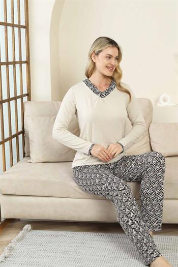Etnik Desenli Kadın Pijama Takımı - Bej V Yaka Uzun Kollu Bambu Likralı 2866UY