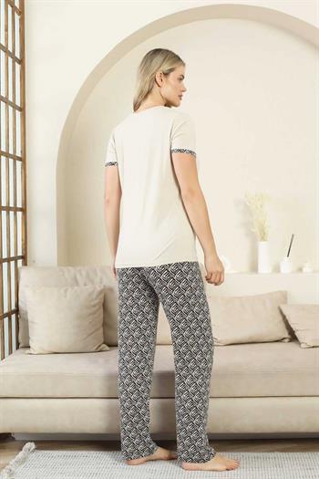 Etnik Desenli Kadın Pijama Takımı - Bej V Yaka Kısa Kollu Bambu Likralı 2866KY