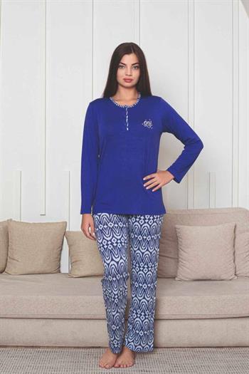 Etnik Desenli Kadın Pijama Takımı - Saks Mavi Nakışlı Uzun Kollu Likralı Kumaş 2878UY