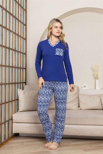 Etnik Desenli Kadın Pijama Takımı - Saks Mavi V Yaka Uzun Kollu Likralı Kumaş 2824UY