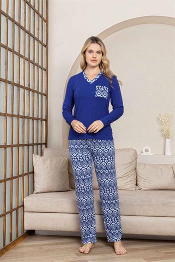 Etnik Desenli Kadın Pijama Takımı - Saks Mavi V Yaka Uzun Kollu Likralı Kumaş 2824UY