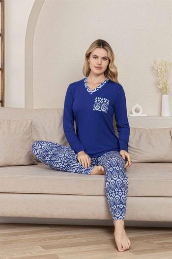 Etnik Desenli Kadın Pijama Takımı - Saks Mavi V Yaka Uzun Kollu Likralı Kumaş 2824UY