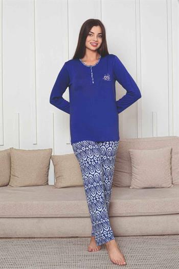 Etnik Desenli Kadın Pijama Takımı - Saks Mavi Nakışlı Uzun Kollu Likralı Kumaş 2878UY