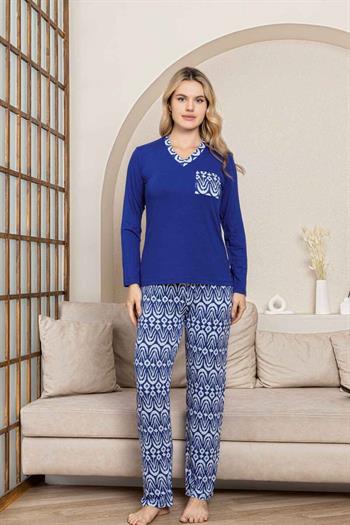 Etnik Desenli Kadın Pijama Takımı - Saks Mavi V Yaka Uzun Kollu Likralı Kumaş 2824UY
