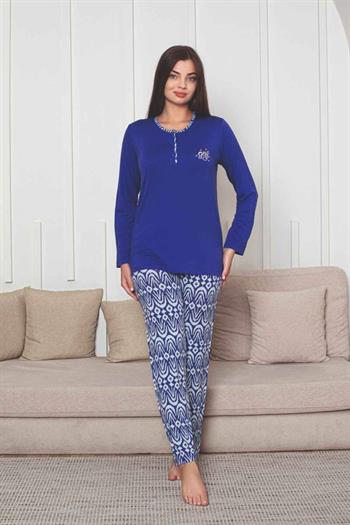 Etnik Desenli Kadın Pijama Takımı - Saks Mavi Nakışlı Uzun Kollu Likralı Kumaş 2878UY
